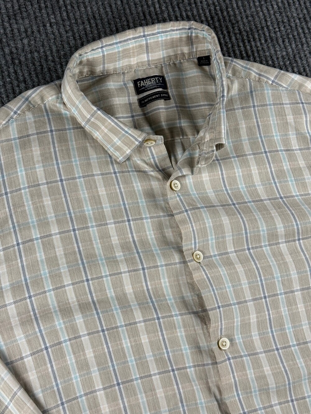 Faherty The Movement Shirt Men L Long Sleeve Tan Blue Plaid Supima Cotton Casual